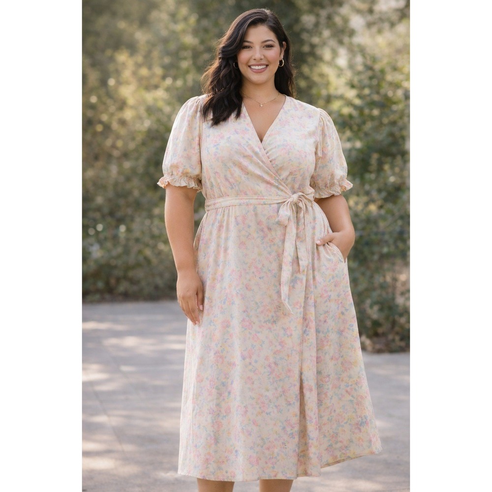 Universal Thread Floral Wrap Dress XL Cream Pink Blue Puff Sleeve Midi NWT